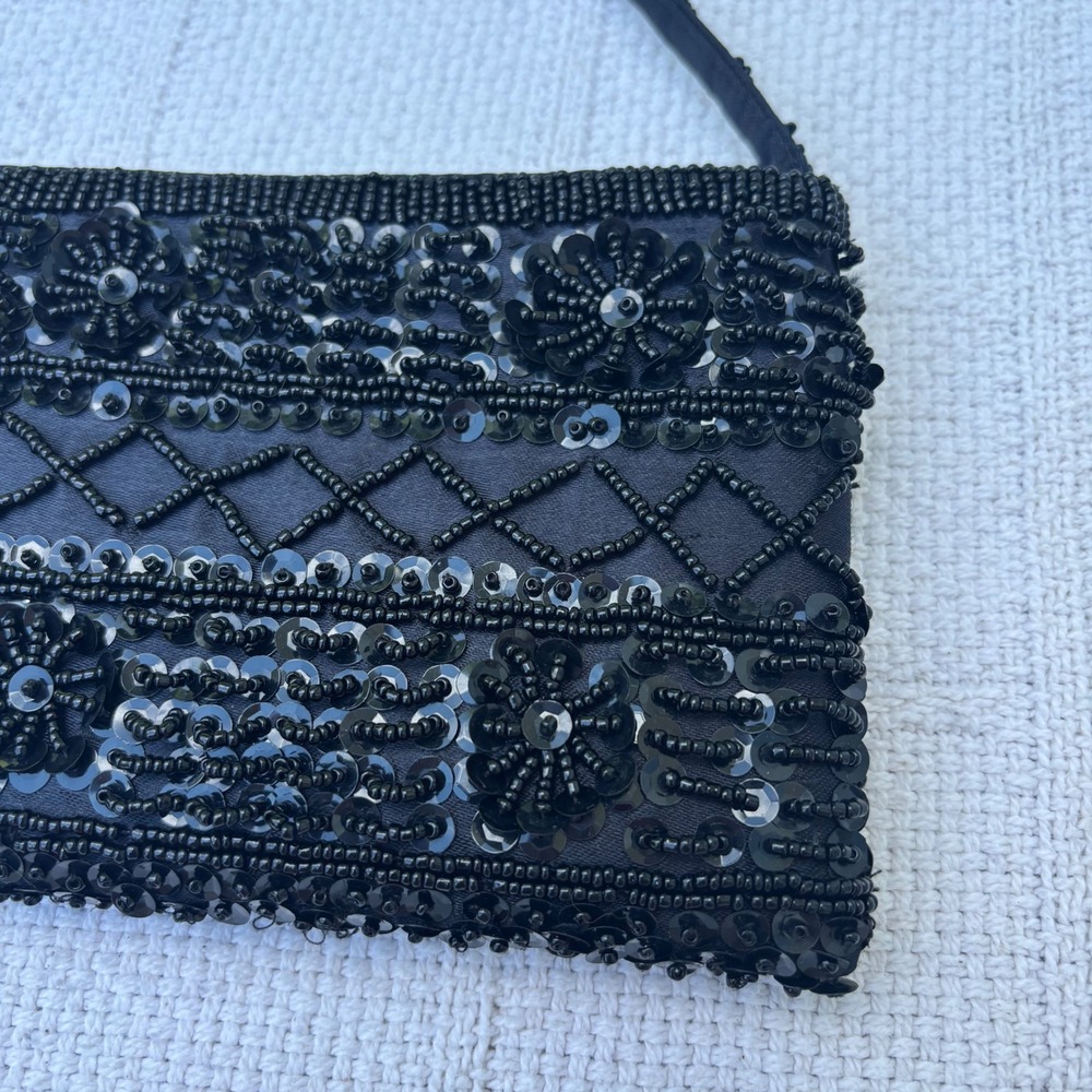 90's Y2K Black Beaded Sequin Embellished Mini Small Going Out Shoulder Bag - Picture 3 of 7